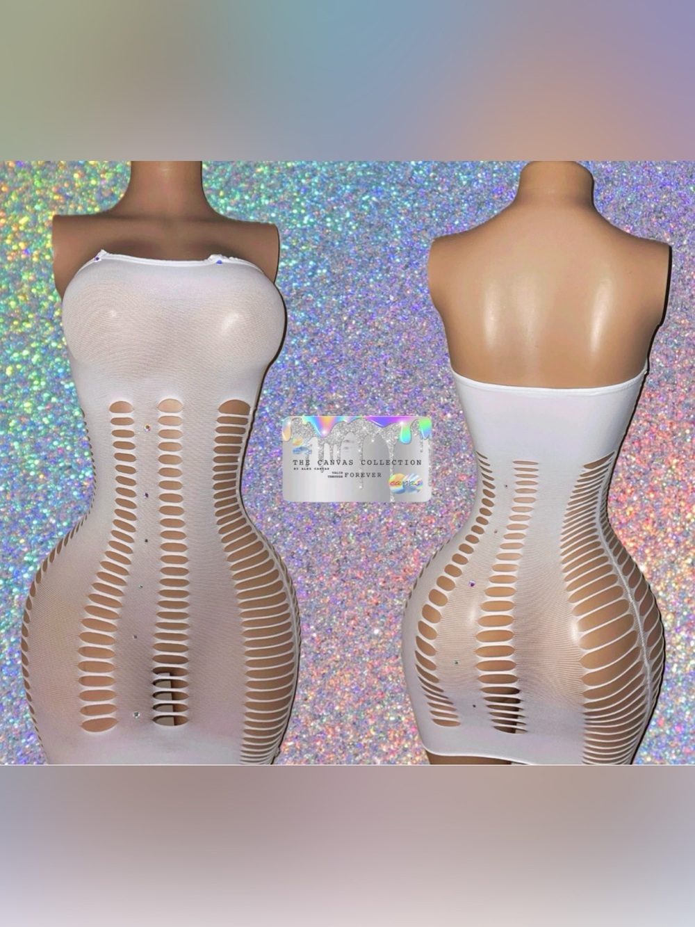 Club outfits: White Strapless Cutout Dress with rhinestones & pasties